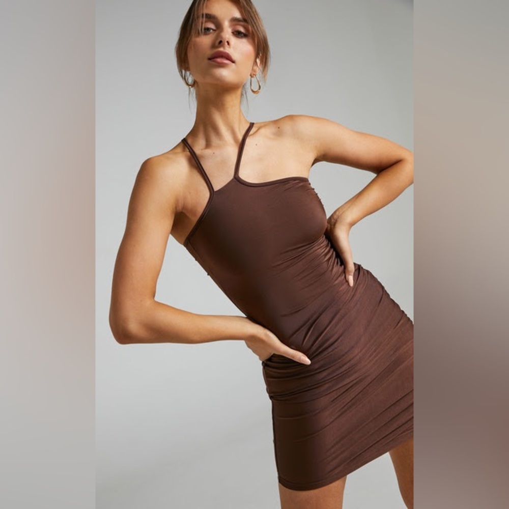 By Dyln Mini Ruched Bodycon Dress Brown